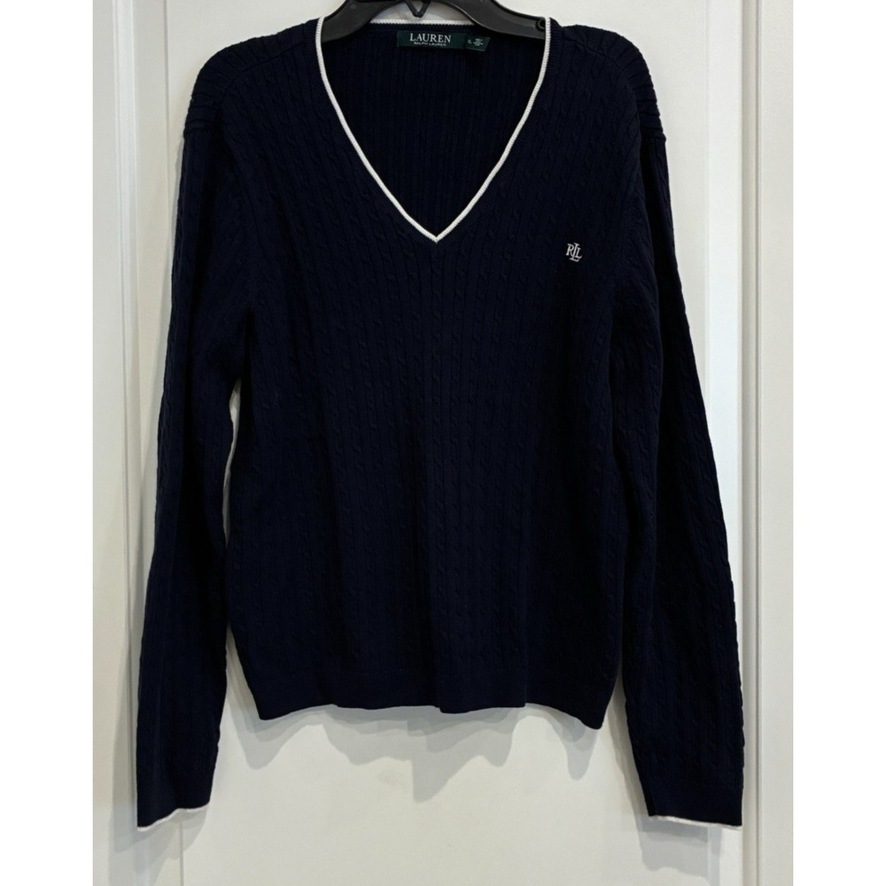 Lauren Ralph Lauren Womens Cable Knit Sweater XL Navy V-Neck Old Money Preppy - Picture 2 of 11